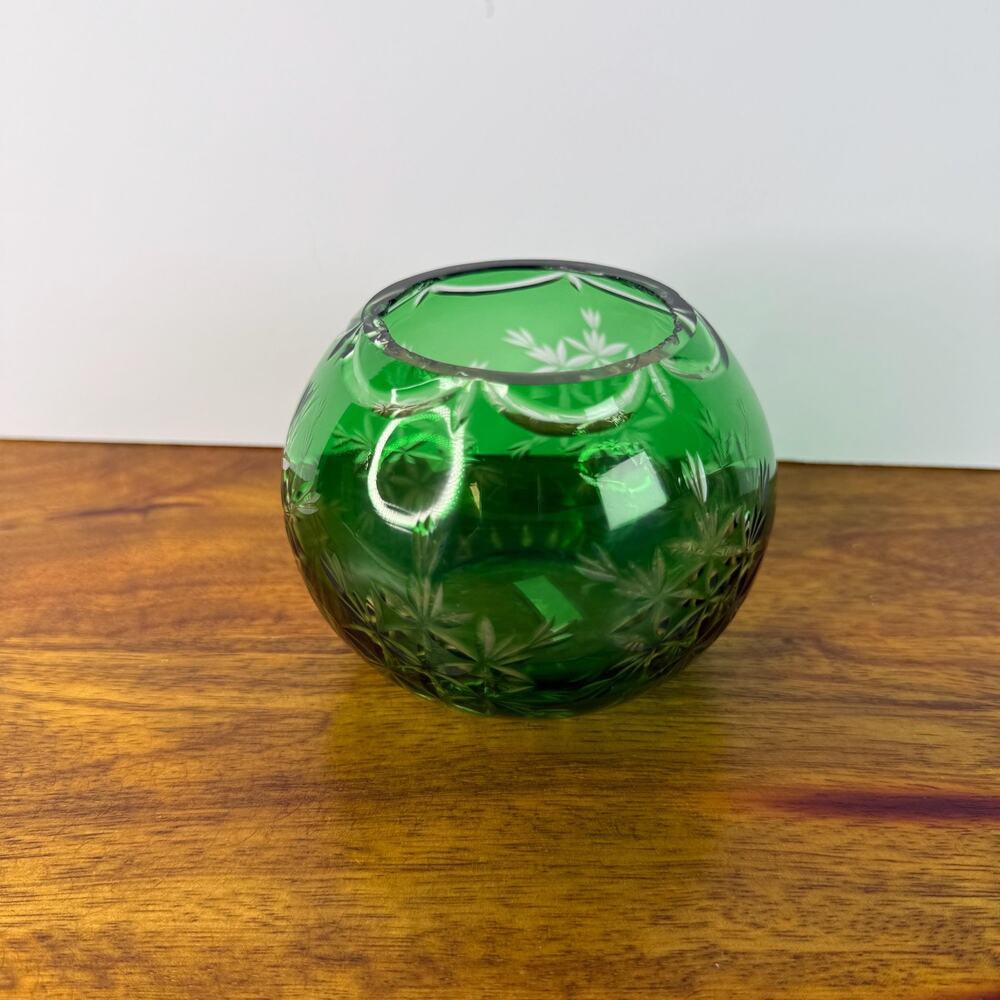 Vintage Emerald Green Cut to Clear Bohemian Bowl Vase